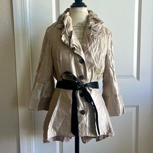 Adriana Papel shiny gold evening jacket black crystal button black satin belt 12